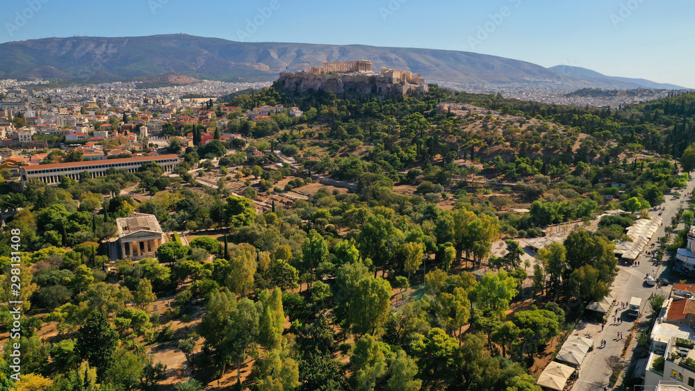 Aerial drone photo of famous area of archaeological site of Ancient Forum of Athens, Attica, Greece