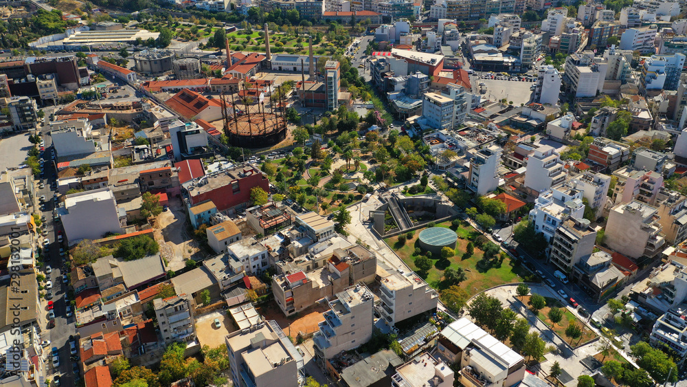 Aerial drone photo of famous area of Gazi and Kerameikos in the heart of Athens, Attica, Greece