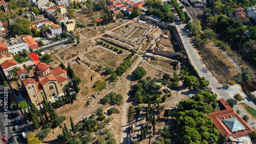 Aerial drone photo of archaeological site of Kerameikos, Athens historic centre, Attica, Greece