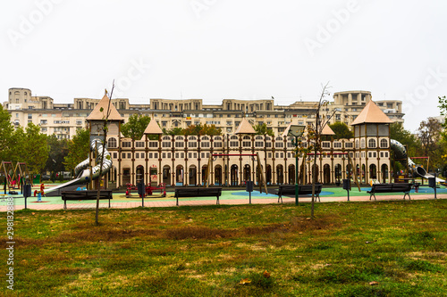 Empty kids playground in Izvor Park, on a foggy day in Bucharest, Romania, 2019 photo