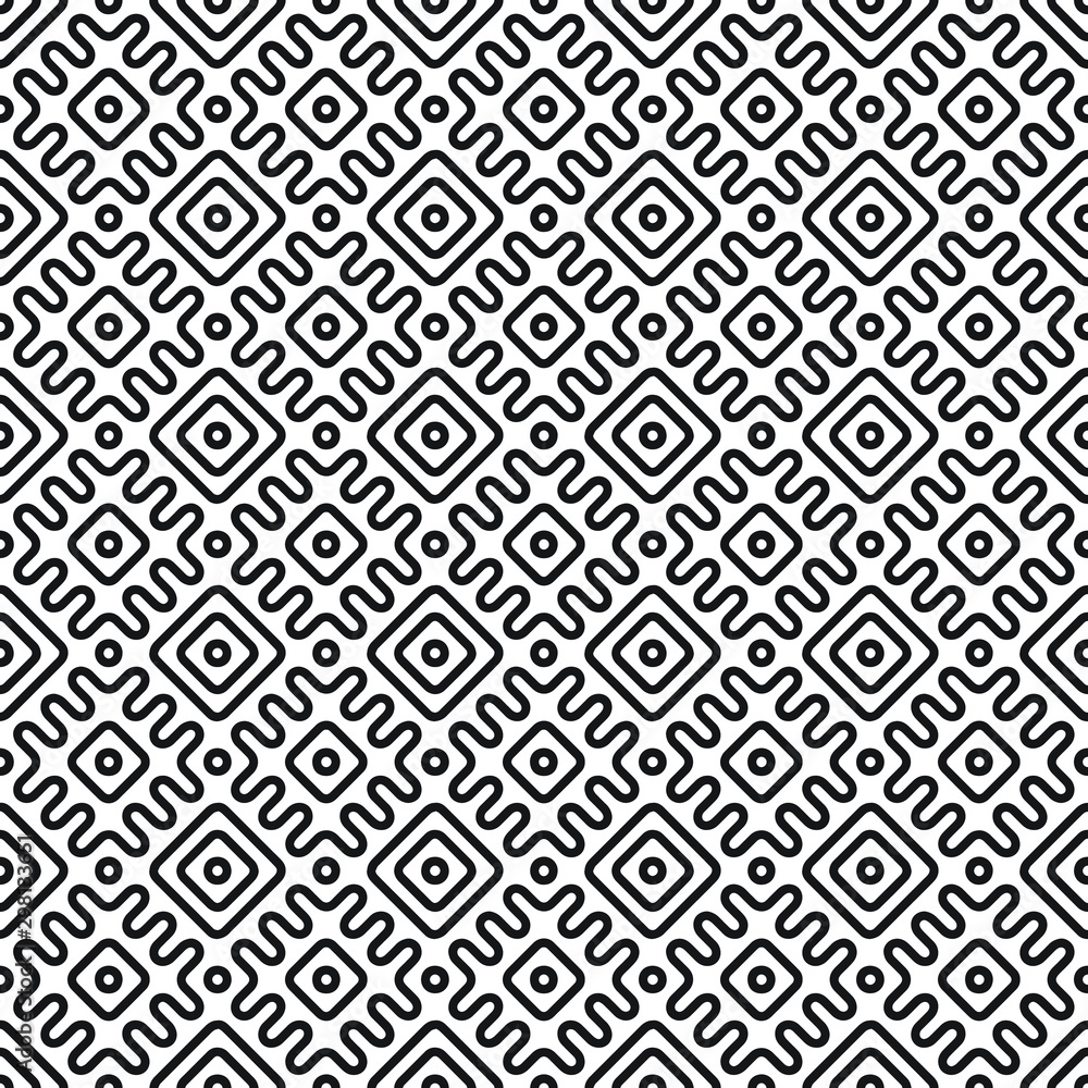 Seamless geometric pattern in folk style. Ethnic vintage background in black and white. Vector illustration.