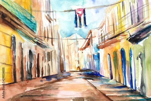 Obraz malowany recznie akwarelą przedstawiający ulicę w Hawanie na Kubie © katarzyna