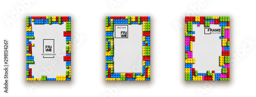 illustration template empty frame set for photo of realistic 3d plastic details in 4 color red, green, blue, yellow. Pattern of shiny plastic construction blocks of different sizes with shadow.