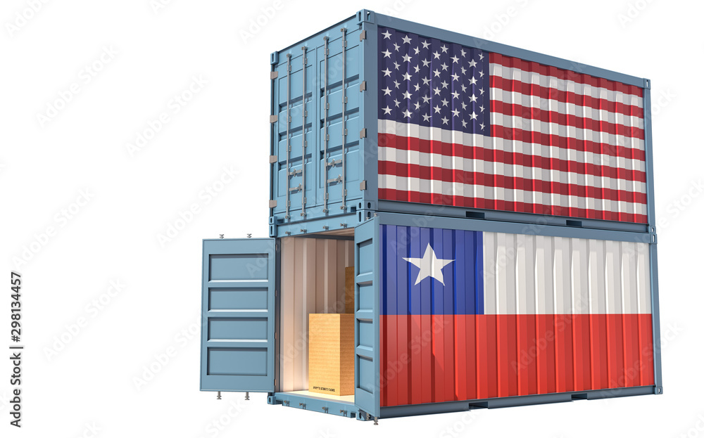 Two freight container with Chile and USA flag. Isolated on white - 3D Rendering Two freight container with Chile and USA flag. Isolated on white - 3D Rendering