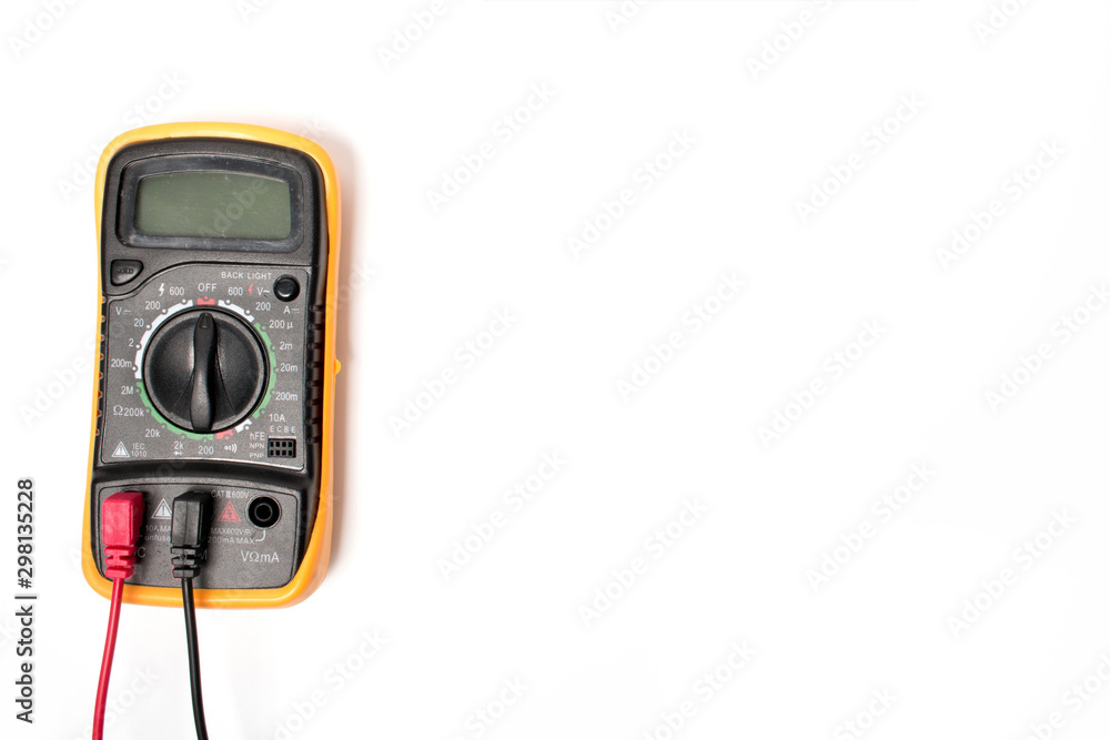 Fototapeta premium A digital multimeter, electrical measuring equipment, with a white background.