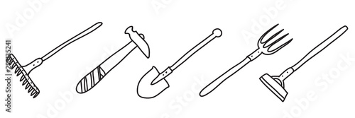 hand drawn set of isolated garden tools on white background
