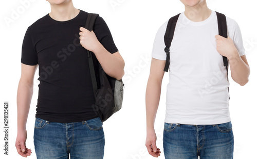 Happy successful young guy in blank white black summer t shirt isolated. Template mockup t-shirt background. T-shirt set collage. Education study concept. Man with backpack. Copy space, summer clothes
