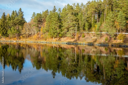 Symmetrical reflection of forest by the lake in autumn with blue sky