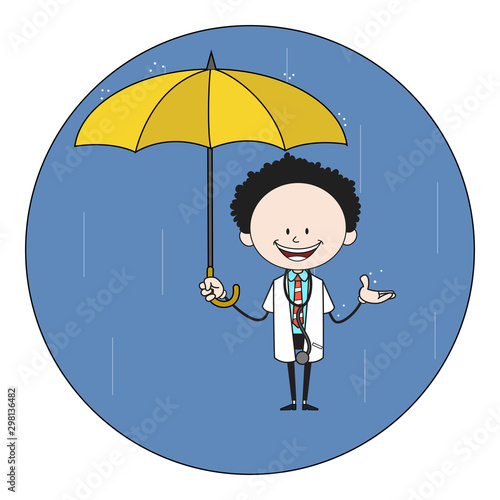 Cartoon Doctor - Standing in Rain with Umbrella