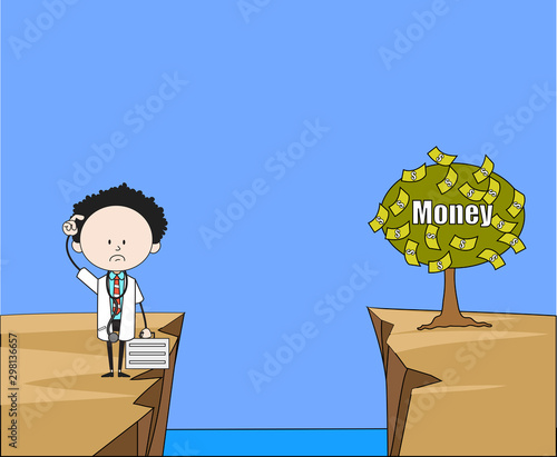Cartoon Doctor - Thinking How to Reach Close to Money Plant