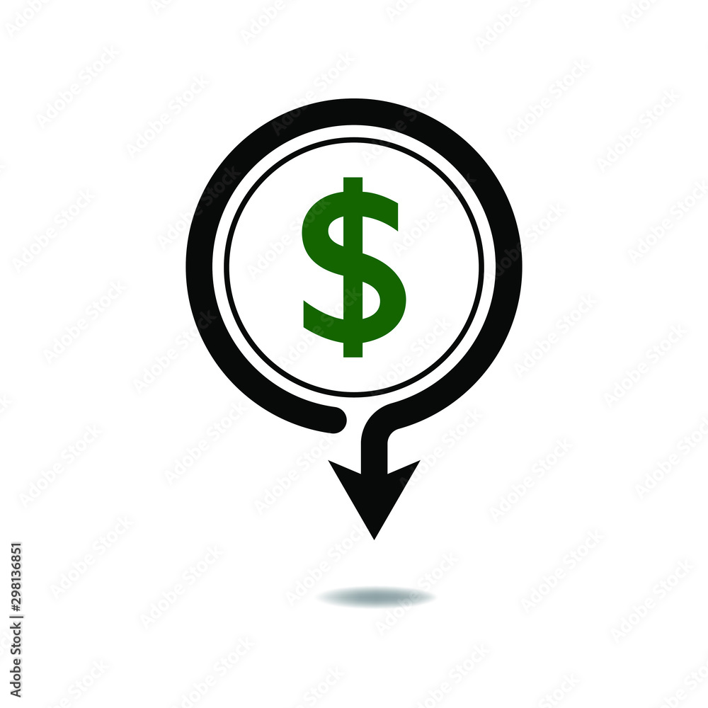 Dollar down icon. Cost reduction isolated on white background. Vector illustration Dollar down icon. Cost reduction isolated on white background. Vector illustration