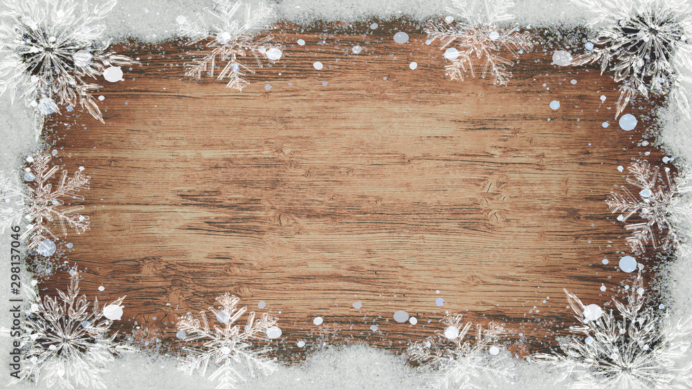 winter / Advent / christmas Background template - Frame made of snow with snowflakes and ice crystals on brown wooden texture, top view with space for text - obrazy, fototapety, plakaty 