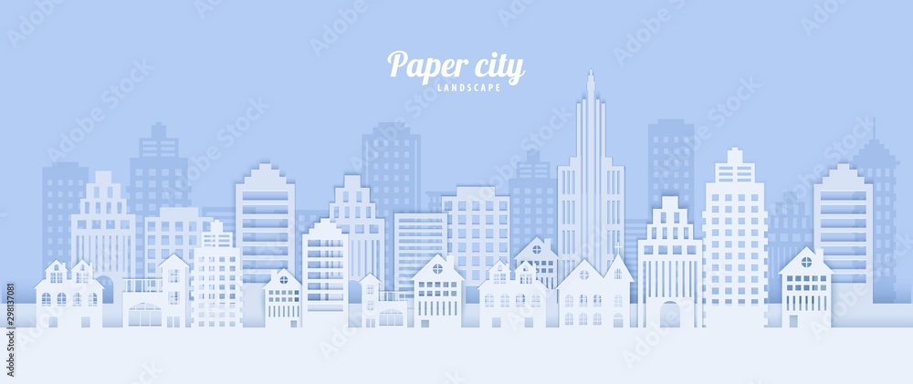 City landscape in papercut style. White paper cut office, residential buildings for city ecology brochures environmental Protection housing rental advert Vector card architecture horizontal panorama.