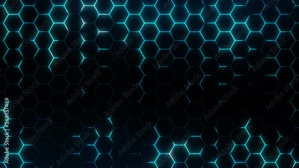 Abstract hexagonal background. Sci-fi modern texture for cyberspace concept. Neon hexagons grid. Seamless loop.