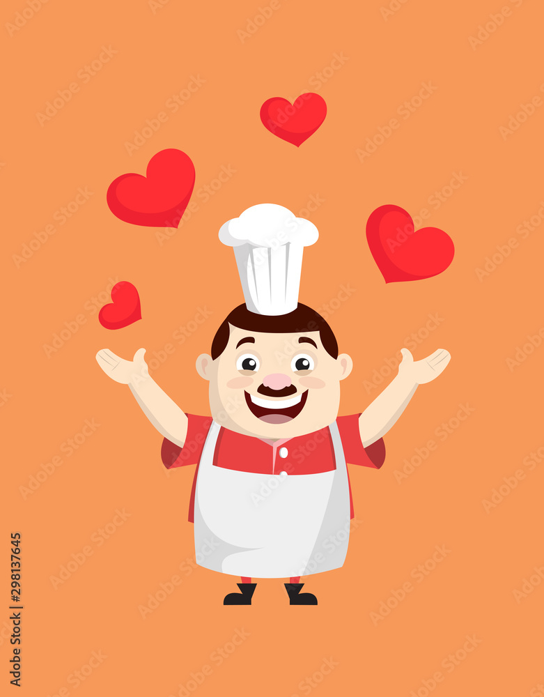 Cartoon Fat Funny Cook - Presenting Hearts Cartoon Fat Funny Cook - Presenting Hearts