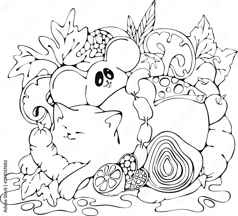 Funny Fat Smiling Cartoon Cat and Mouse vector illustration, coloring