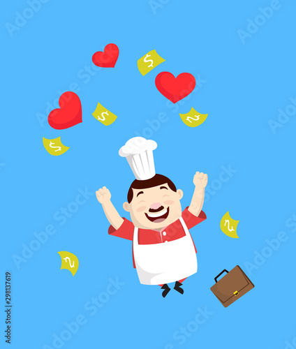 Cartoon Fat Funny Cook - Jumping with Hearts and Money