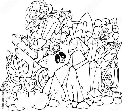 Smiling Cartoon Cat with a gemstones, funny vector doodle illustration, coloring page