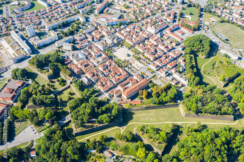 Start-shaped bastions and fortified walls of Ville Neuve (New town) of Longwy (Langich, Longkech) city in Lotharingia and Upper Lorraine, France. Aerial drone view of one of Fortifications of Vauban