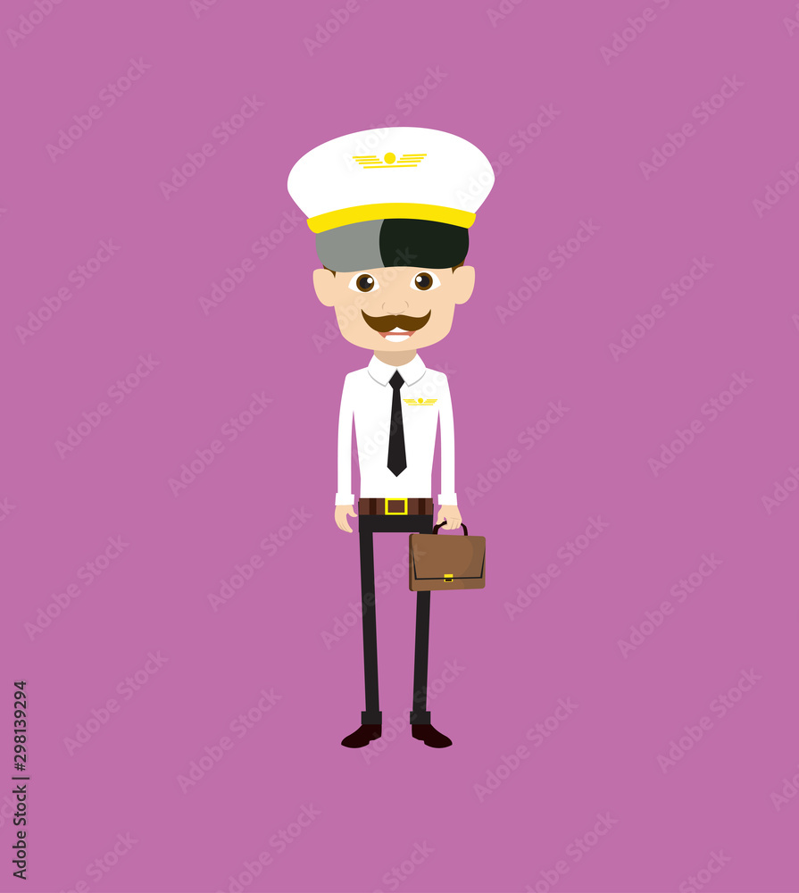 Cartoon Pilot Flight Attendant - Holding a Suitcase and ready to go