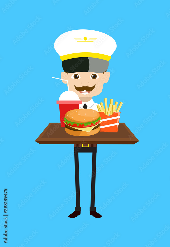 Cartoon Pilot Flight Attendant - Presenting Fast Foods Cartoon Pilot Flight Attendant - Presenting Fast Foods