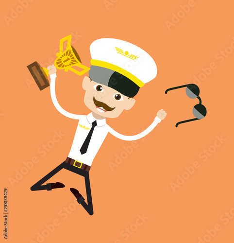 Cartoon Pilot Flight Attendant - Jumping with Trophy