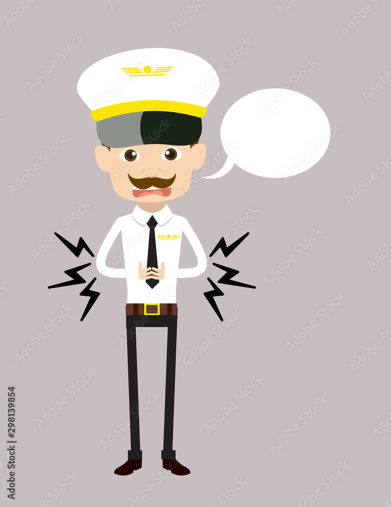 Cartoon Pilot Flight Attendant - Feeling Pain in Stomach with Speech Bubble Cartoon Pilot Flight Attendant - Feeling Pain in Stomach with Speech Bubble
