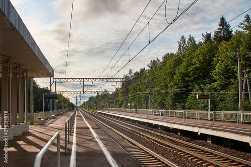 View of the suburban railway station with rails and platforms in two directions. Forest in the background