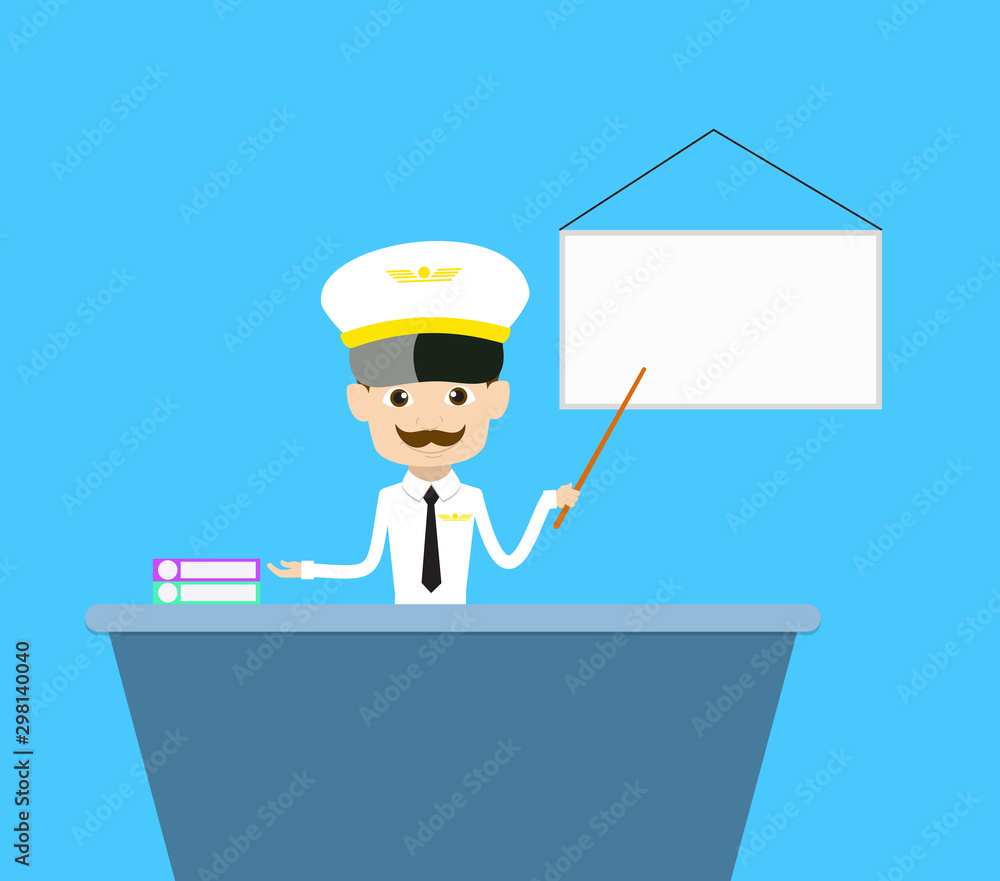 Cartoon Pilot Flight Attendant - Presenting on White Board Cartoon Pilot Flight Attendant - Presenting on White Board