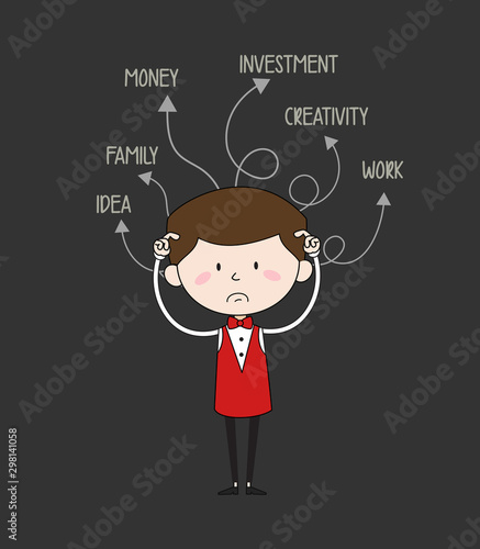 Cartoon Waiter Caterer - With Various Thoughts