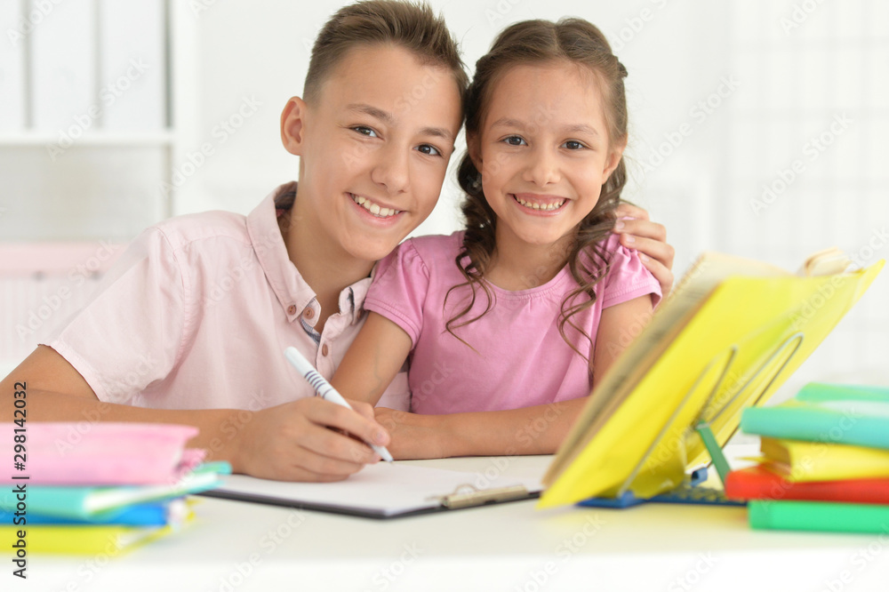 Portrait of brother and sister doing homework together Portrait of brother and sister doing homework together