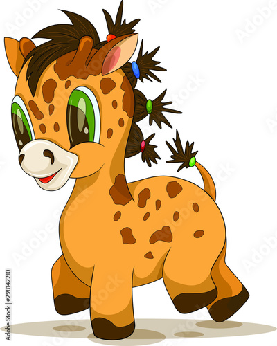 Vector image of giraffe with tails, playful look, gait and tail. In a cartoon style.