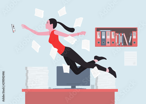 A woman is a good office worker or office worker reaching for the ringing phone. The table is covered with documents. Vector illustration.
