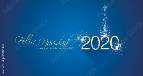 Merry Christmas beautiful calligraphy New Year 2020 Spanish language firework gold white blue greeting card