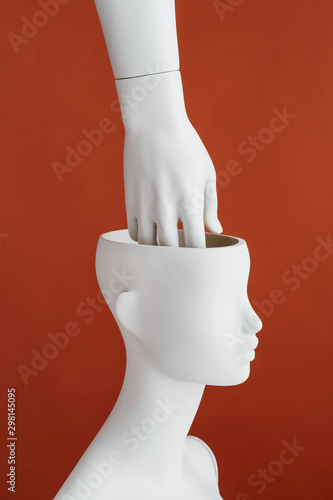 Hand inside a mannequin?s head.