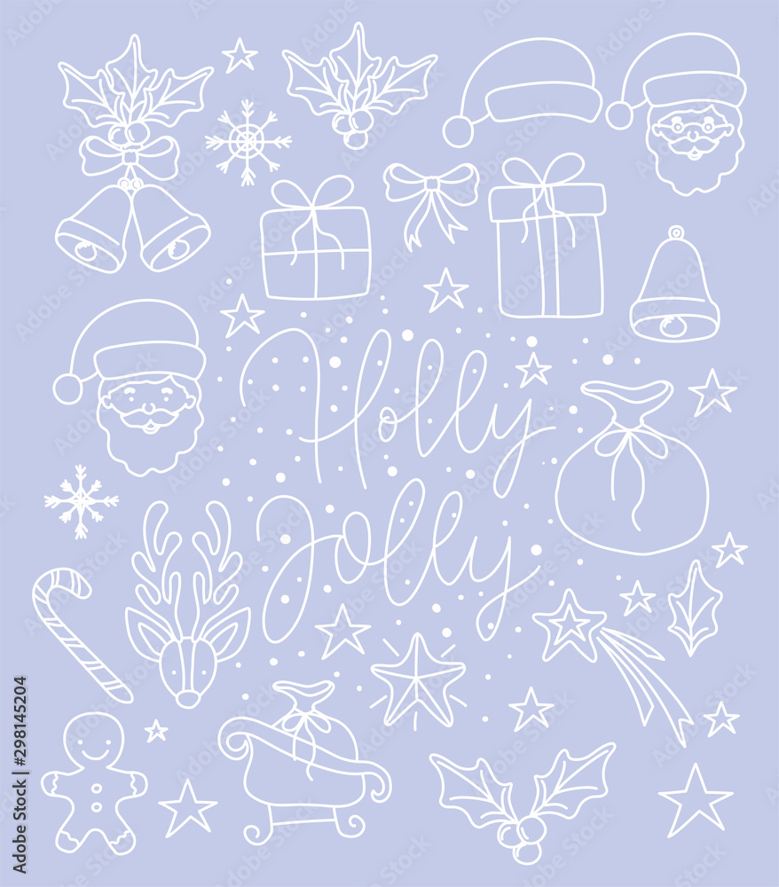 happy merry christmas card with calligraphy font and set icons