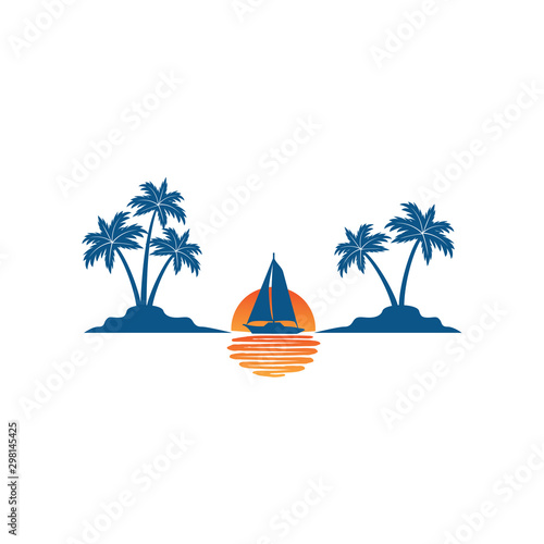 sailing boat in the horizon of sun and ocean between two coconut tree island summer theme vector logo design