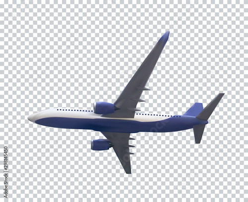 Naturalistic airliner flies on a transparent background. Side view from below...