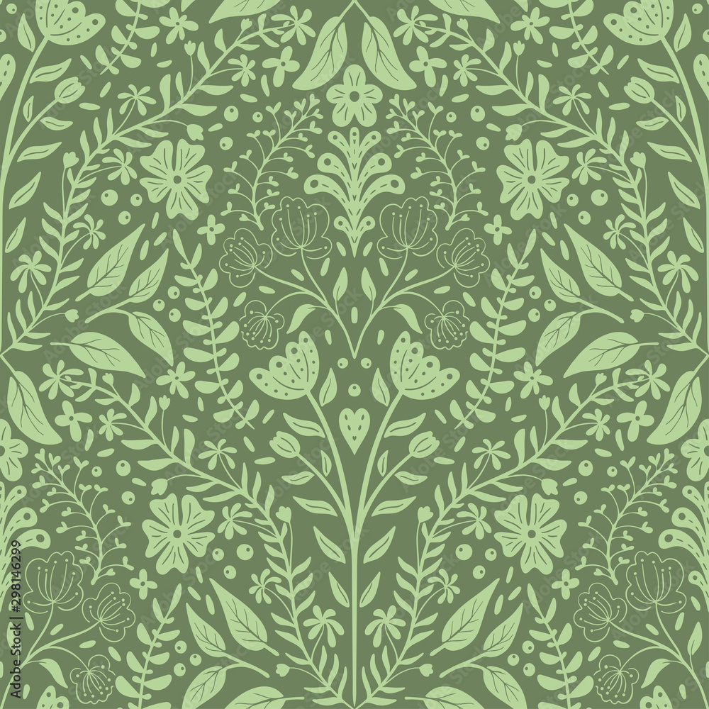 Leaves and flowers scallop half drop seamless pattern