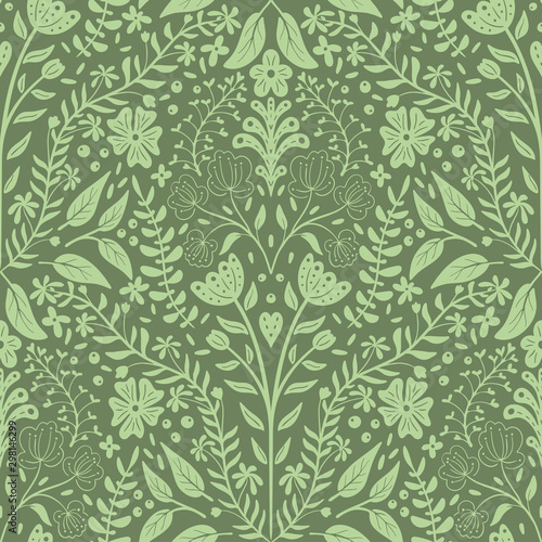 Leaves and flowers scallop half drop seamless pattern