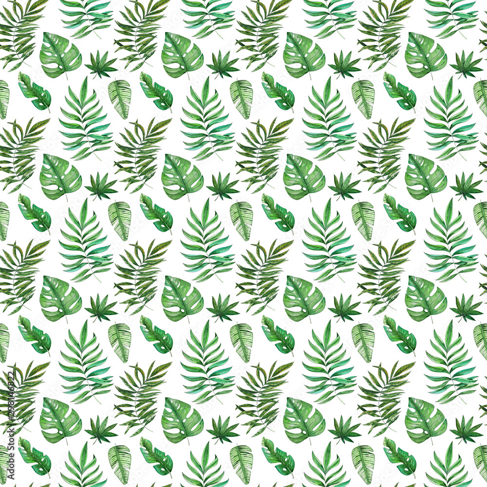 Fototapeta premium Hand painted watercolor tropical leaves seamless pattern