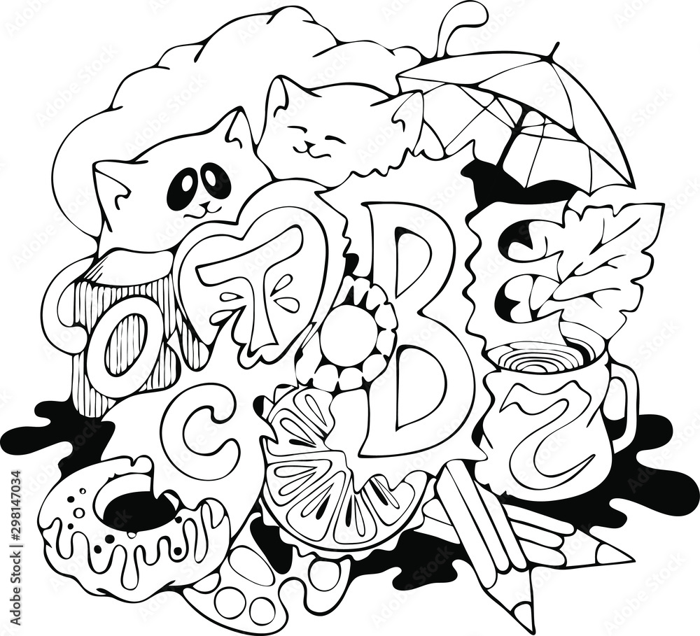 Funny autumn cats with an umbrella, cute vector doodle illustration, coloring book page Funny autumn cats with an umbrella, cute vector doodle illustration, coloring book page