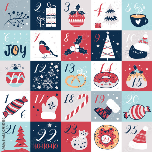Advent calendar with Christmas elements. Holidays poster, vector illustrations