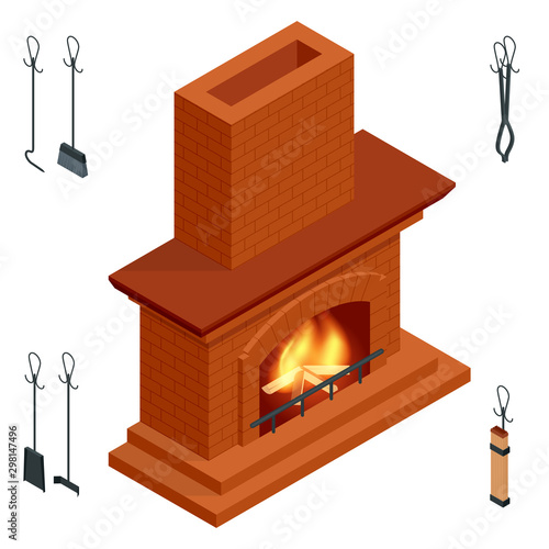 Isometric fireplace of brick, stone isolated on white. Fireplace for the relaxing ambience, and for heating a room. Modern fireplace.