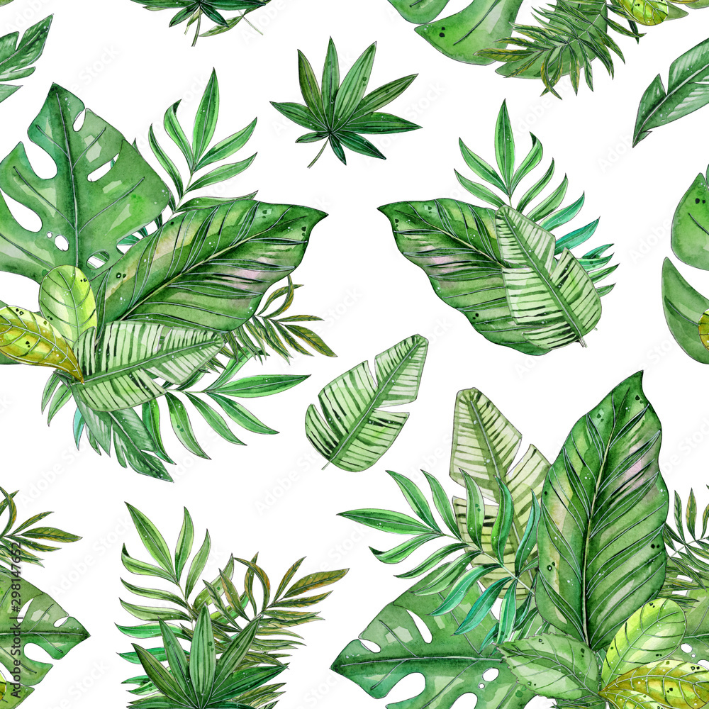 Hand painted watercolor tropical leaves seamless pattern
