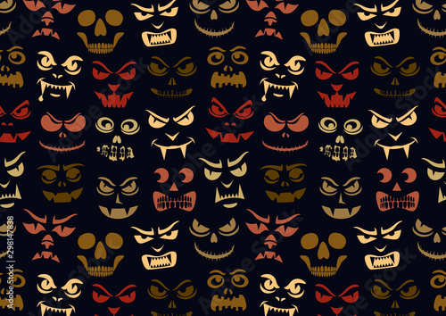 Funny monsters pattern. Halloween holiday character silhouettes background. Vampires, skeletons, demons stencil