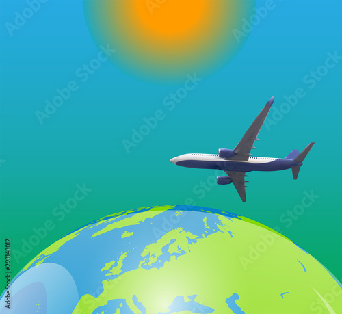 Naturalistic view of an airplane flying in the sky above planet Earth. Vector...