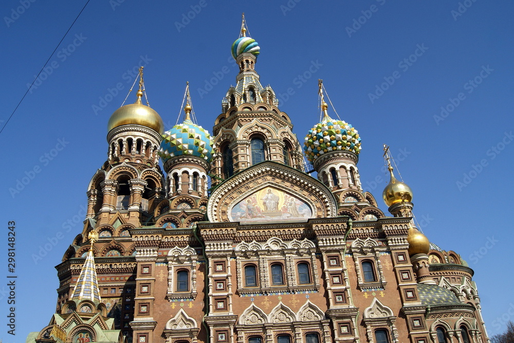 Facade and onion-shaped domes of the Church of the Savior on Blood in St Petersburg, Russia