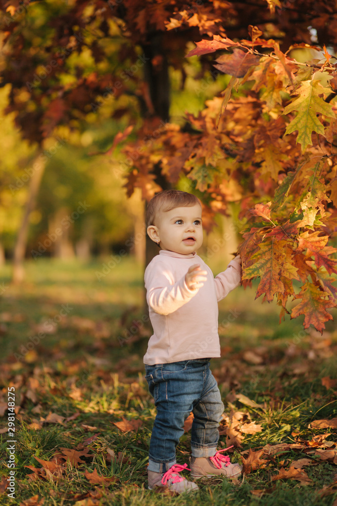 Beautiful little girl play with red leaves near the tree in autumn. Happy ten month baby walking in the park Beautiful little girl play with red leaves near the tree in autumn. Happy ten month baby walking in the park