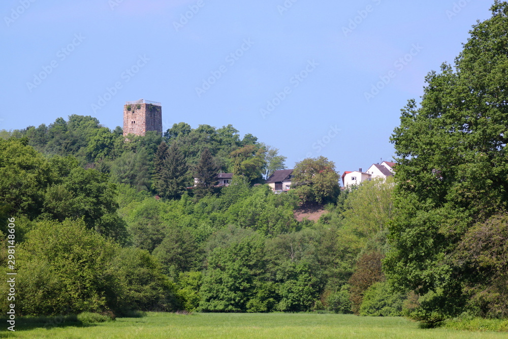 The medieval castle and the village of Burgsponheim towering over a beautiful green valley forest in Germany